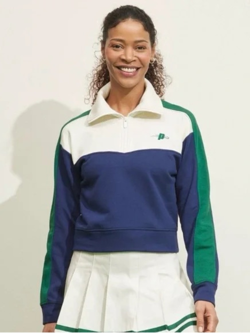 Prince Pickleball Colorblock Quarter-Zip Pullover in Navy, Green & Cream Small